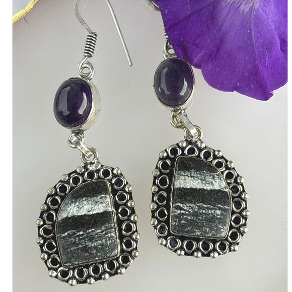 925 Sterling  Silver Line Jasper & Amethyst Dangle Earrings - Picture 4 of 6